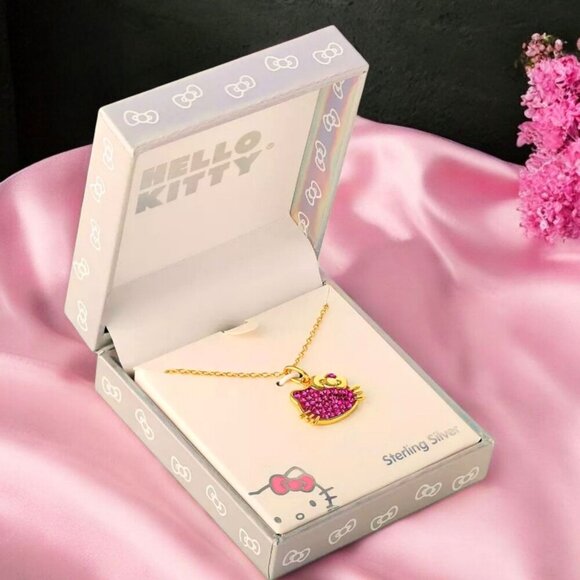 Hello Kitty Crystal Pendant | 925 Sterling Silver Gold Chain Fuchsia Swarovski - Picture 1 of 12